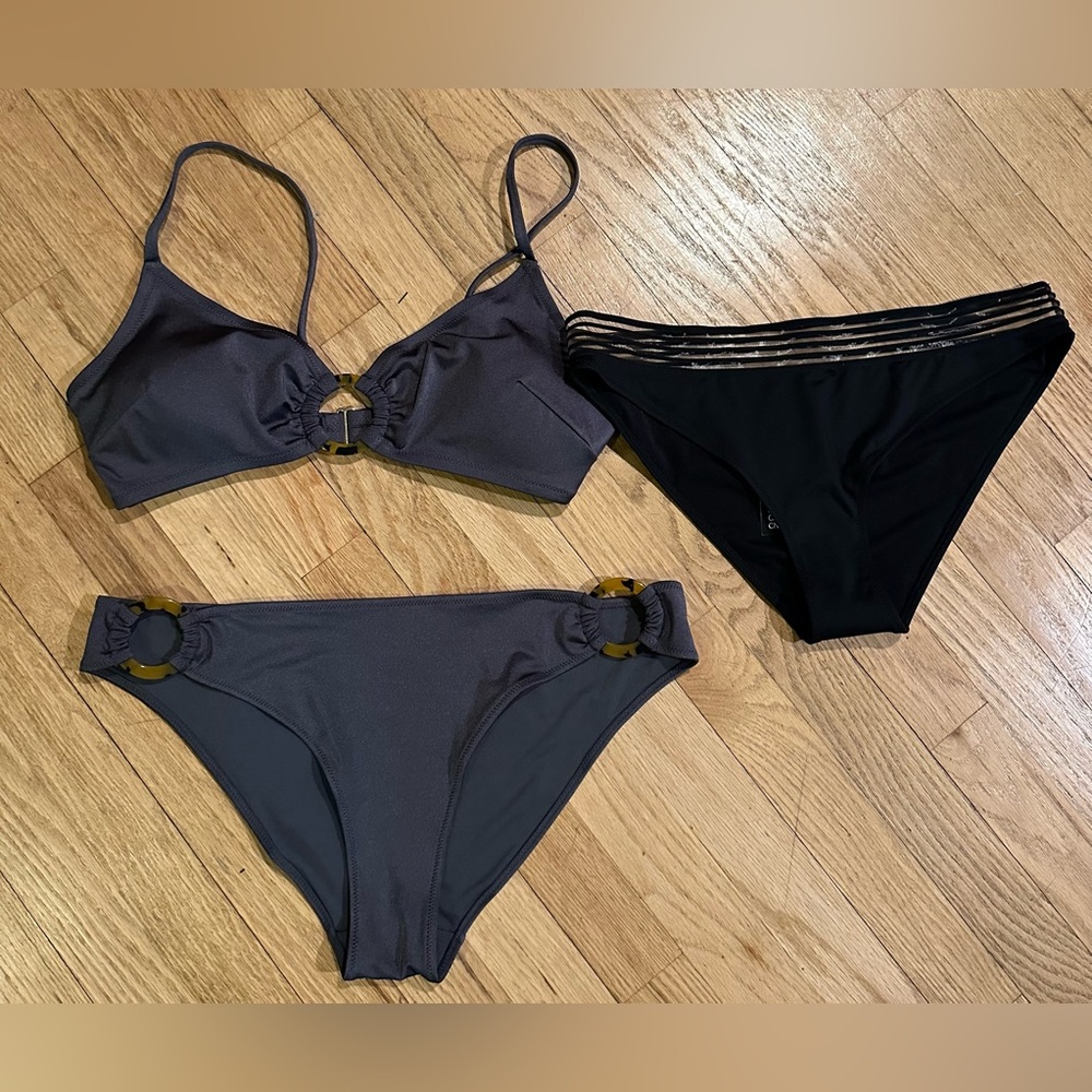 H&M Gray Bikini Set & black NWT bottom free gift. Top size 12, 2 bottoms size 14